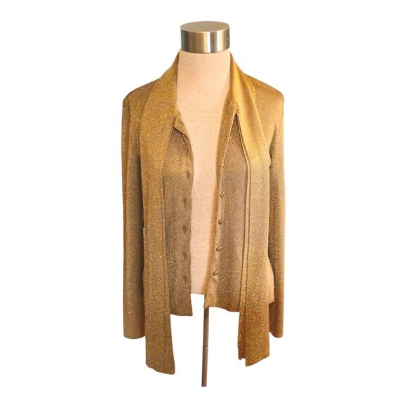 Saks Fifth Avenue Tops - Saks Fifth Avenue Made in Italy Gold Shiny Pullover Scarf Tie Sweater Size M